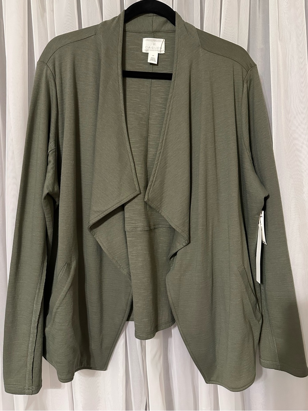 Caslon Olive Draped Cotton Open-Front exposed seam Cardigan with pockets size 2X